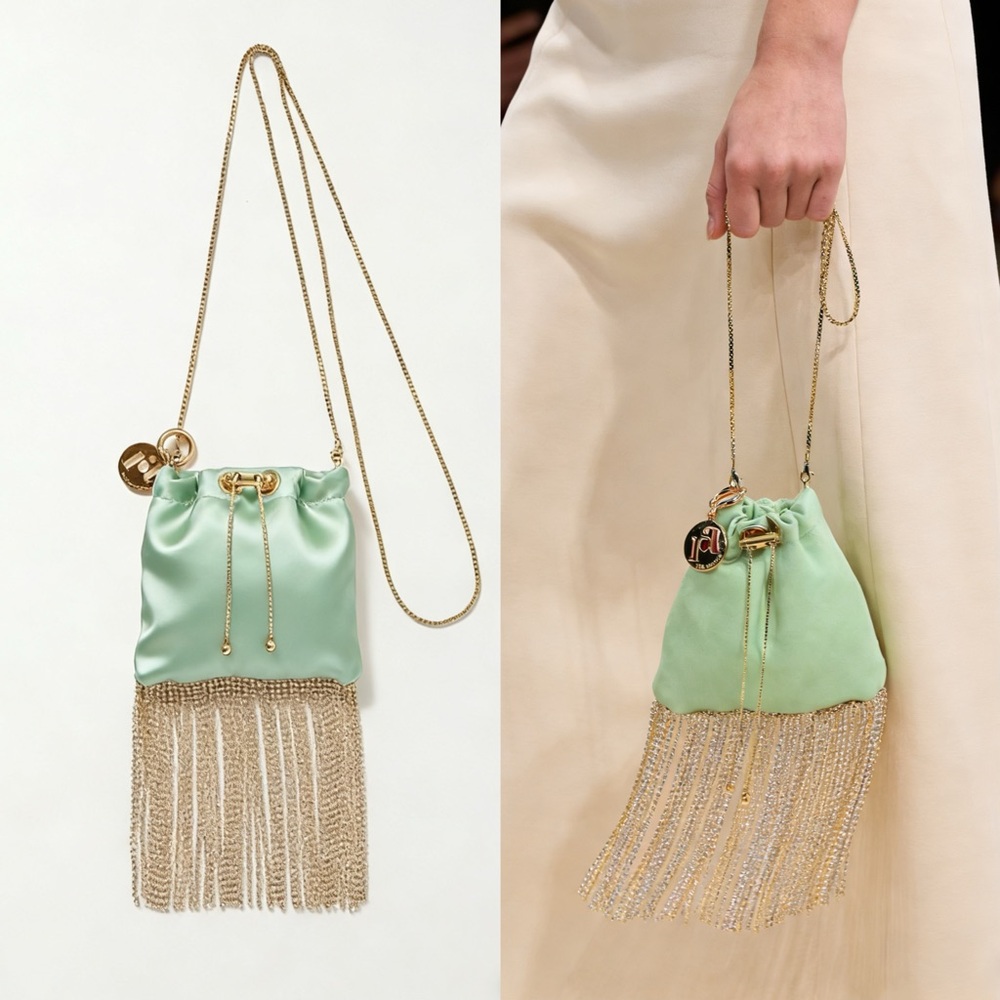 ROSANTICA Fatalina Satin Fringe Crossbody Bag in Green